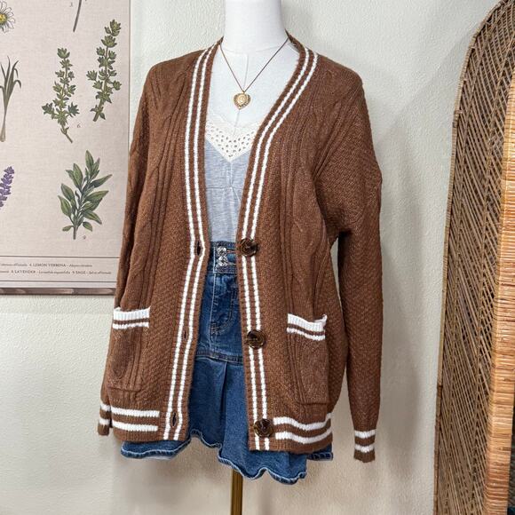 90s Y2k Cable Knit Cardigan Sweater Light Academia Indie Old Preppy Soft Girl M - Picture 2 of 5